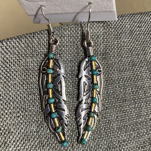 Southwestern Feather Dangle Earrings Silver Tone Turquoise Accent Boho